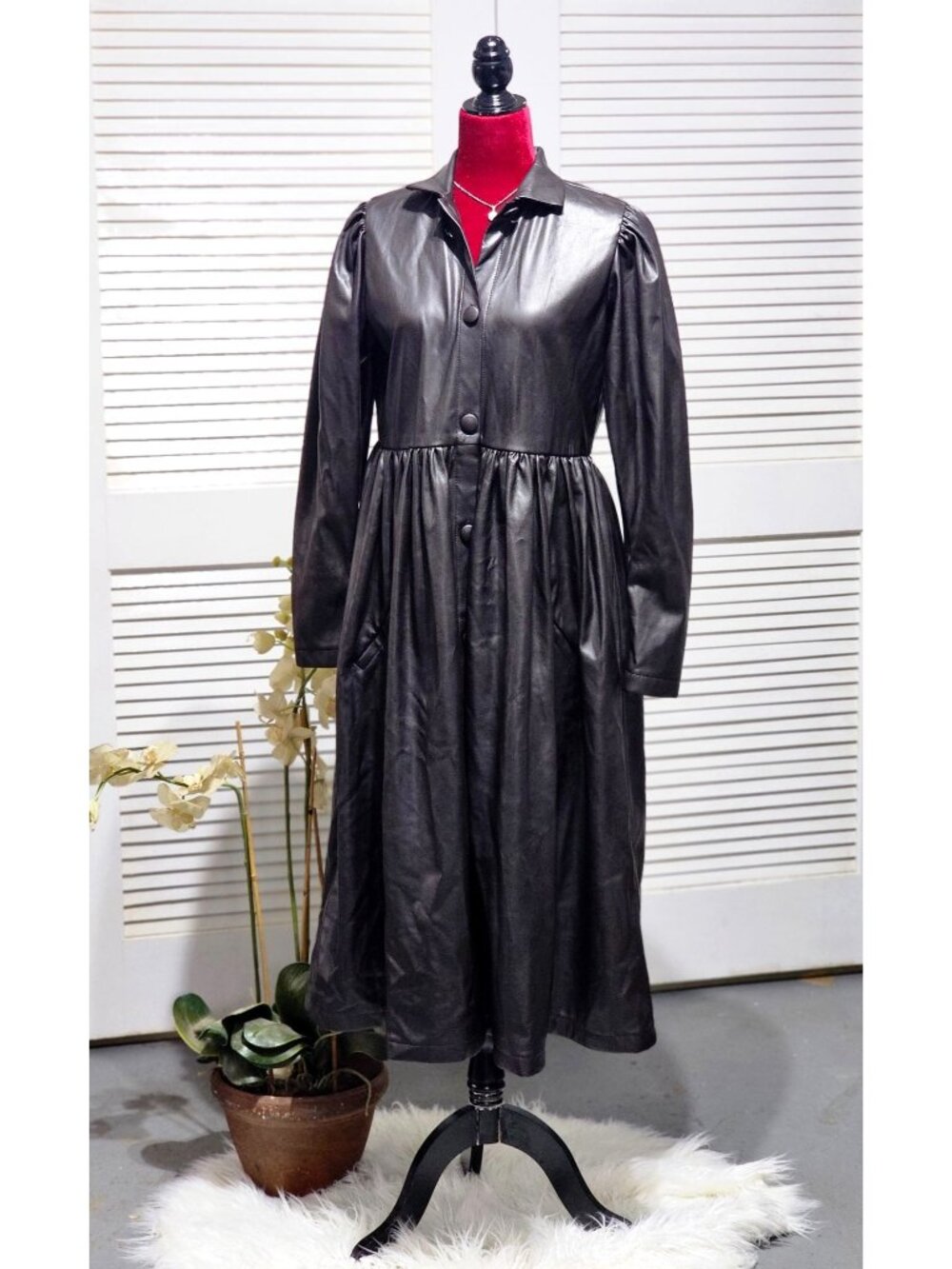 Naya Rea Wome's Brown Faux Leather Button-Down Long-Sleeve Midi Dress  Sz 10 367